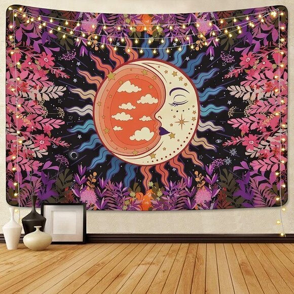 𝅺PSYCHEDELIC Moon Stars Garden Flower Tapestry Mandala Living Room Bedroom Dorm - Picture 1 of 7